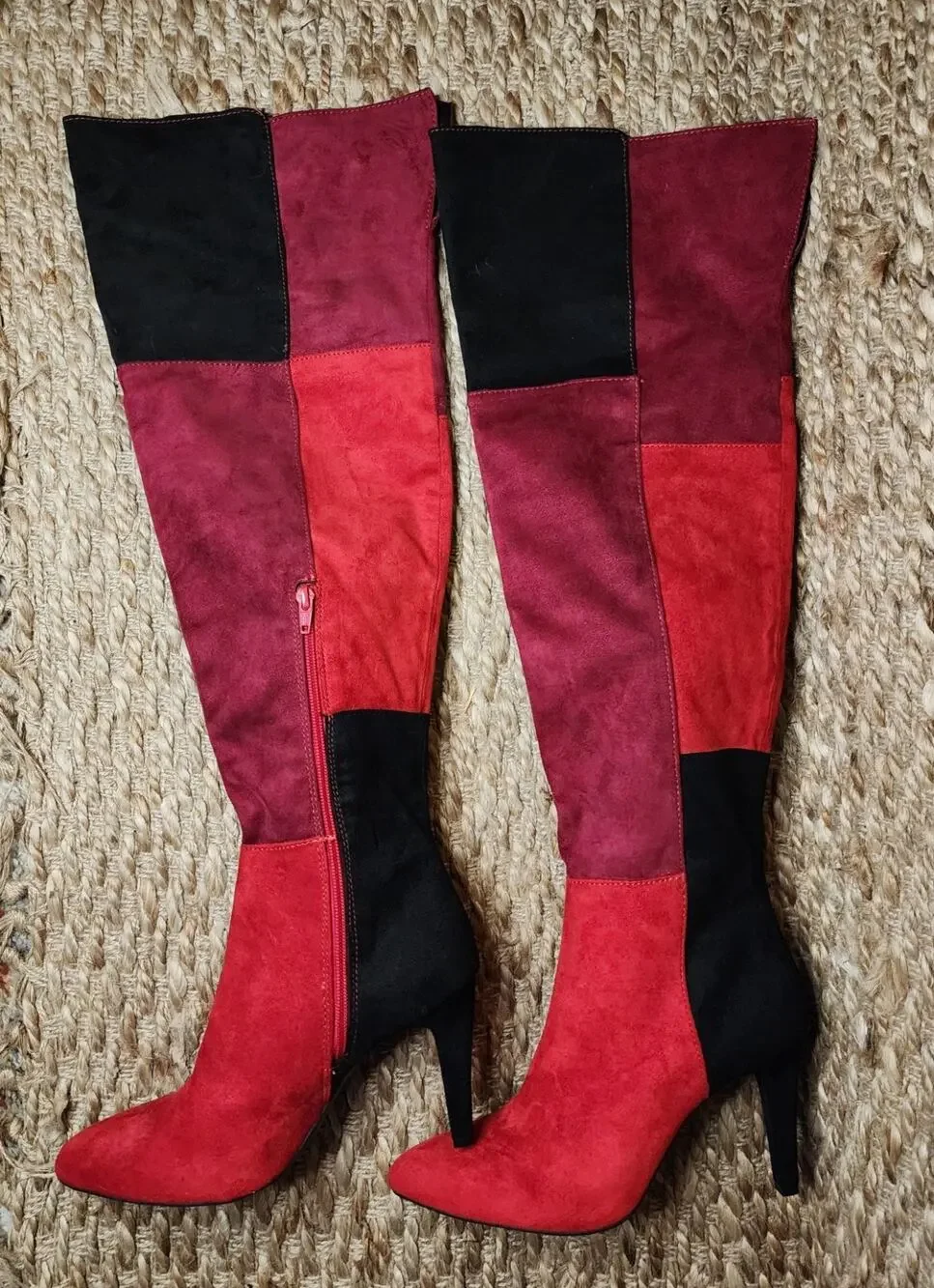 Rialto Carpio Tall Over Knee Suede Boots Red Black Colorblock Heeled Size 9.5 M